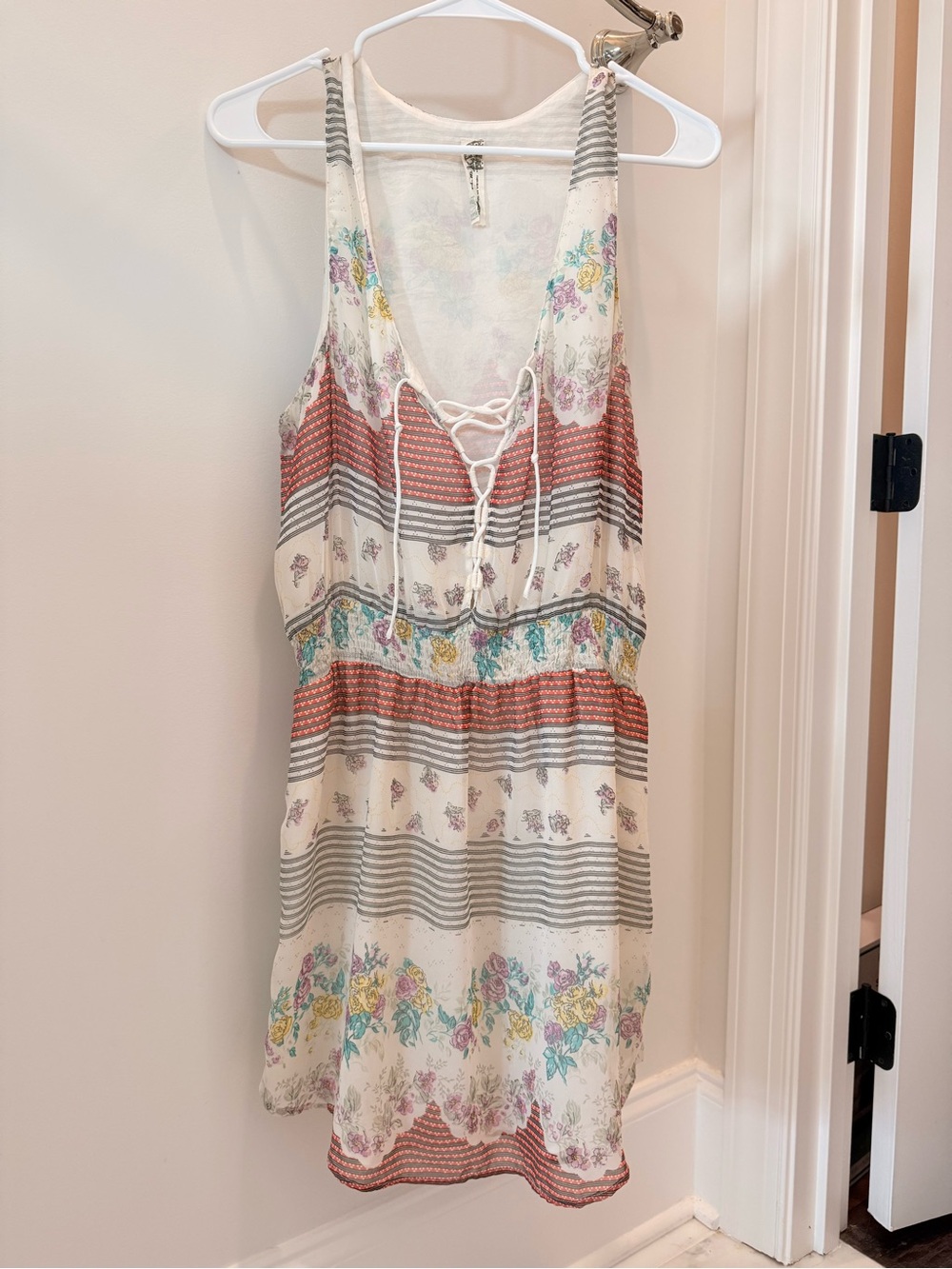 Free People Cream Floral Lace-Up Mini Sundress with Rust Stripes